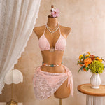 Sexy Mesh Cover Up 3 Piece Bikini Set 2026 Women White Metal Circle Push Up Bra Thong Swimwear Holiday Bathing Suit Swimsuit