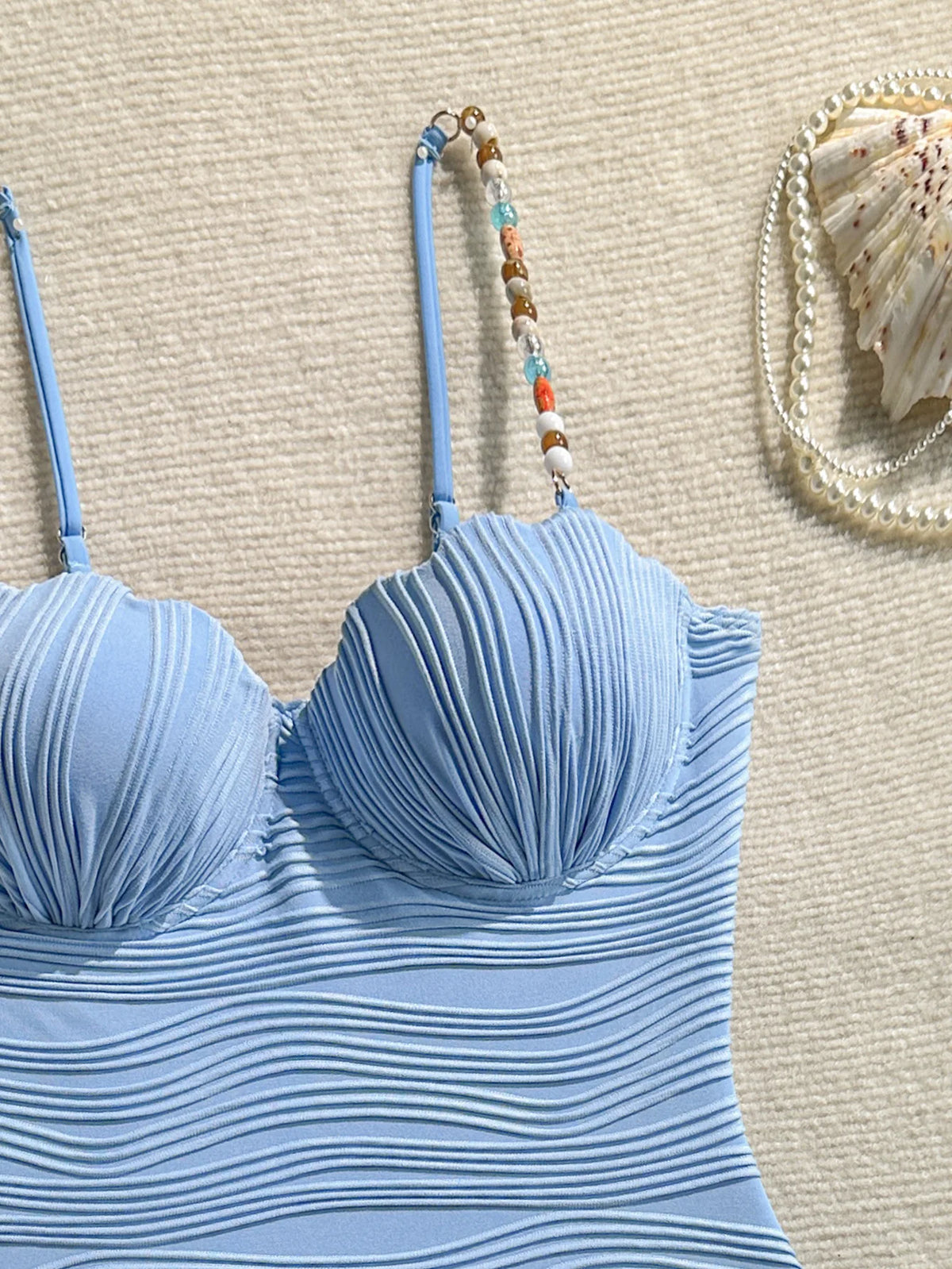 Vintage Blue Wave One Piece Swimwear Women 2026 Beading Strap Push Up Underwire Tummy Control Bathing Suit One Piece Swimsuit