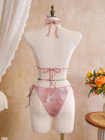 Sexy Beige 3D Flowers Embroidered Bikini Set 2026 Women Drawstring Cover Up 3 Piece Swimsuit Beach Bathing Suit Holiday Swimwear