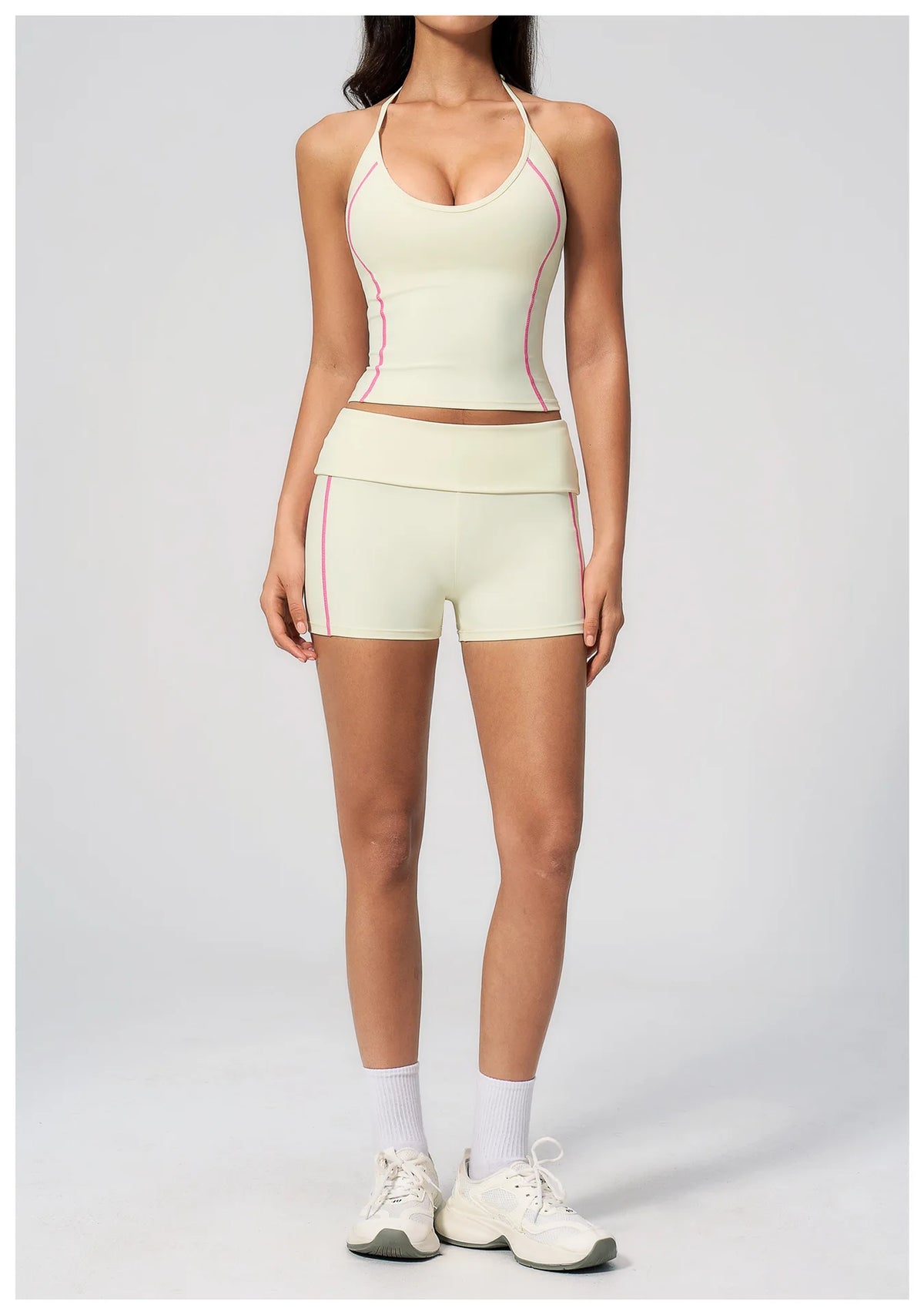2PCS Women Yoga Sets Color Contrast Hanging Neck V Neck Slimming Sports Tank Top Flip High Waist Shorts Gym Running Fitness Suit
