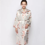 Home sleepwear, women's simulated silk, rice, orchid print, medium to long length nightgown, sexy sleepwear, home wear