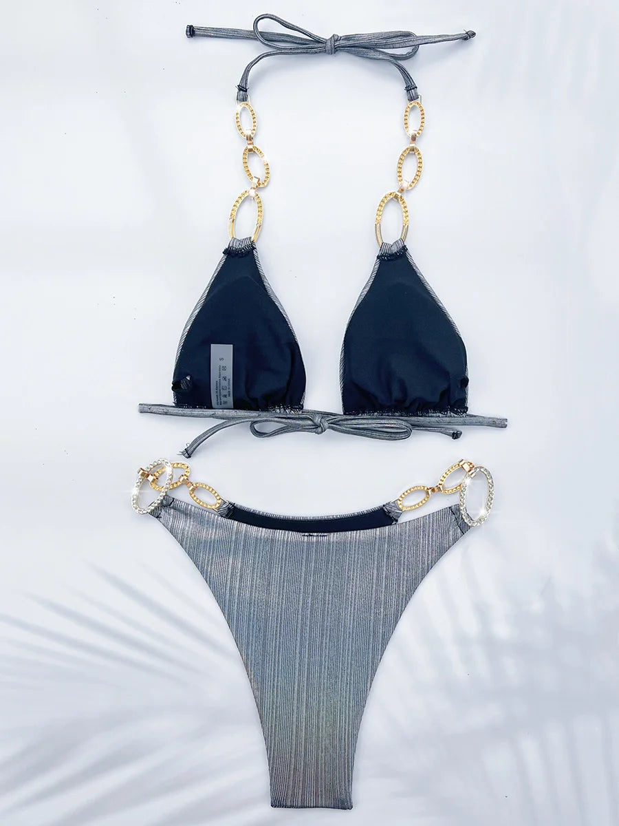 Shiny Metal Chains Rhinestone Diamond Bikini Female Swimsuit Women Swimwear Two-pieces Bikini Set Halter Bathing Suit Swim Lady