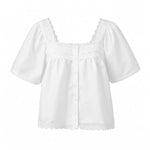 Women's Retro Casual Babydoll Blouse Summer Loose Fit Tops Lace Trim Short Sleeve Square Neck Button Up Shirts
