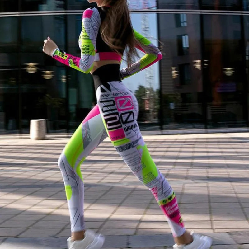 2 Piece Sets Women's Clothes Stylish Color-Block Letter Print Tops V-shaped High-waist Yoga Leggings Gym Clothes Woman 90322