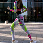 2 Piece Sets Women's Clothes Stylish Color-Block Letter Print Tops V-shaped High-waist Yoga Leggings Gym Clothes Woman 90322