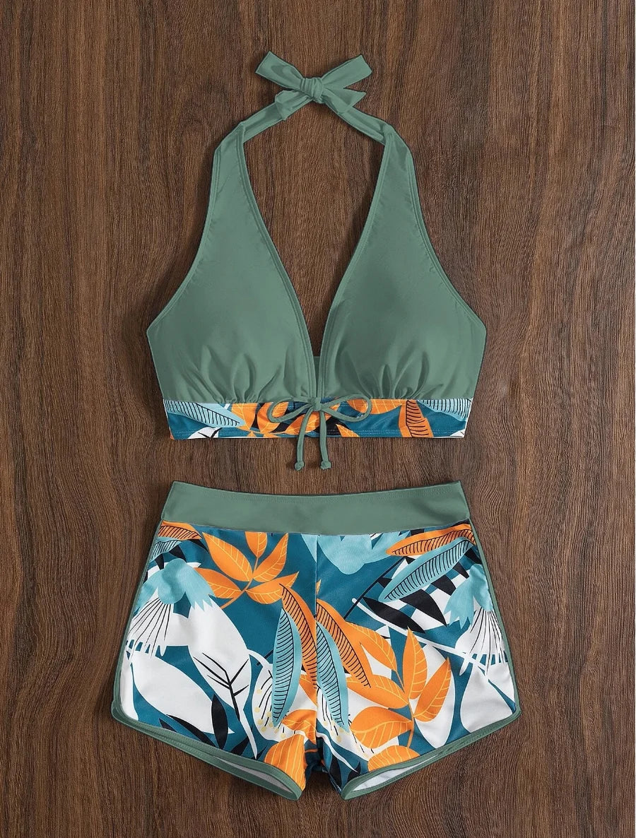 Halter Bikinis 2026 Women Printed Swimsuit Shorts High Waist Swimwear Female Bathers Swimming Bathing Suit Summer Beachwear