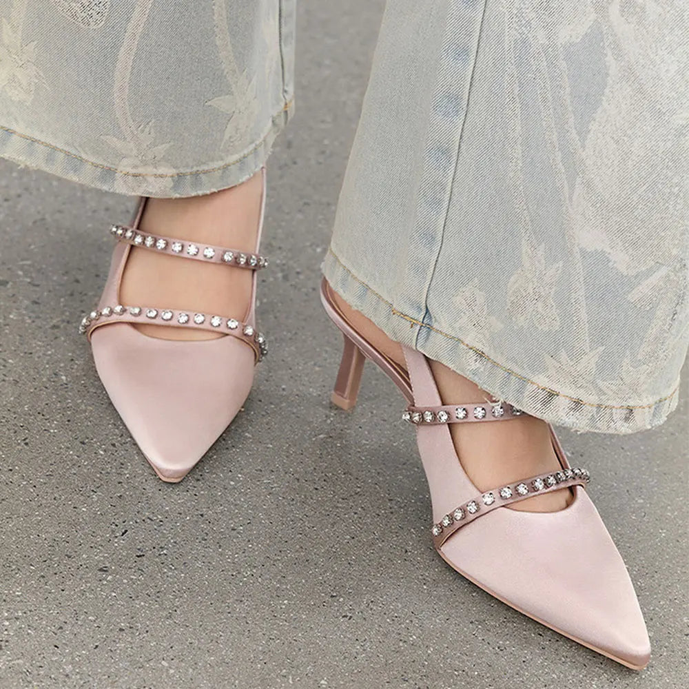 Elegant Pointed Toe Silver Nude Black Satin Slingback Pumps Sexy Thin Stiletto High Heel Wedding Bridal Date Party Summer Shoes