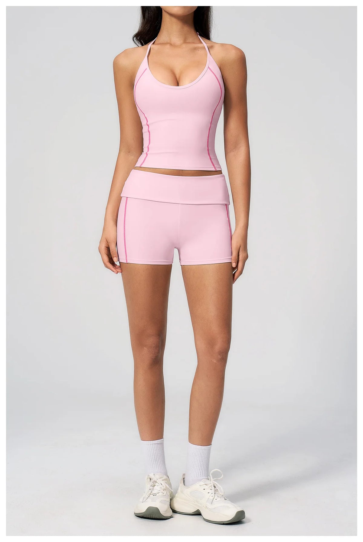 2PCS Women Yoga Sets Color Contrast Hanging Neck V Neck Slimming Sports Tank Top Flip High Waist Shorts Gym Running Fitness Suit