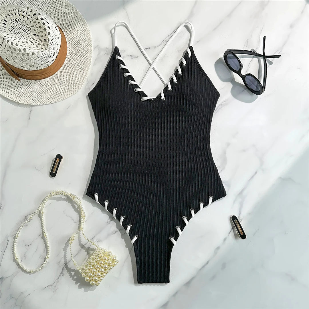 5 Colors V Neck Ribbed Cross Back One Piece Swimsuit Women Swimwear Female High Leg Cut MonokiniBather Bathing Suit Swim V6278