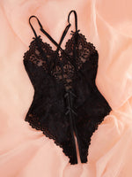 Black deep V lace one-piece halter top with sheer fitted floral mesh fabric for a sexy undergarment set. 21077