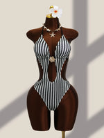 DEKA Striped Deep V Neck Halter One Piece Swimsuit Women Backless Swimwear Female High Leg Cut Monokini Bather Bathing Suit Swim