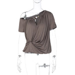 FDYOUI 2026 Diagonal Collar Ruched T-shirts Women's Summer Short Sleeve Hollow Out Buttons Tee Shirt Asymmetrical Top Streetwear