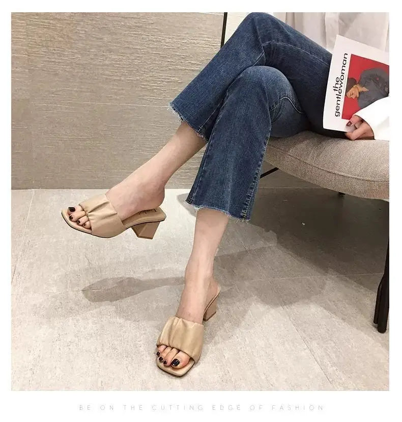 Fashion Strange Style Women Slippers Square Open Toe Slippers Slip on Slides Summers Beach Shoes Woman Heels Zapatillas Mujer