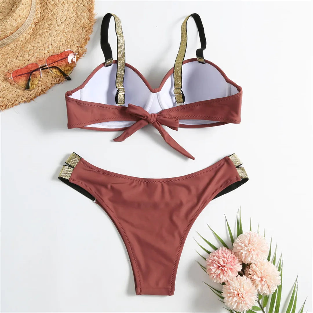 New S - XL Bra Bikini Push Up Swimsuit Female Swimwear Women Two-Pieces Bikini Set With Cup Bather Bathing Suit Swim Lady V2310