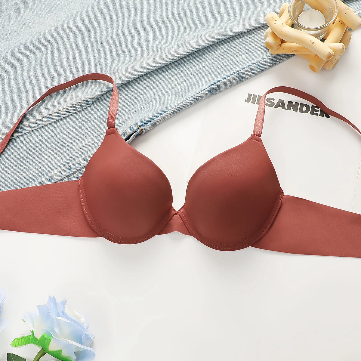 Solid color gathering steel ring anti sagging smooth and simple women's adjustable summer thin bra push up bra Lingerie U017