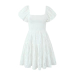 Puff Sleeve Cotton White Lace Dress Women Summer 2025 Square Collar Vintage Beach Short Dress Petite Flower EmbrioderyDress
