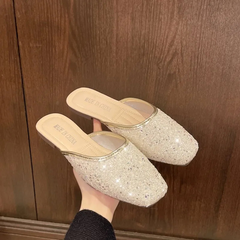 Baotou Slippers Women 2026 Summer Soft Sole Flat with Sequin Lazy Heelless Half Drag Comfortable Pregnant Women Wear Flip-flops
