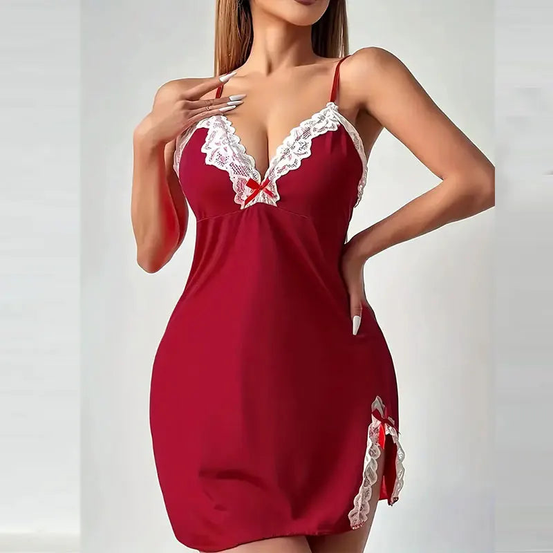 Deep V Bras Sexy Underwear Nightdress Set With Thong Hot Selling Night Intimate Clothing Women Spaghetti Strap Lingerie Pajamas