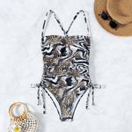 Sexy Leopard Swimwear Women Bandeau One Piece Swimsuit Beach Wear Drawstring Criss Cross Swimming Bathing Suit Bodysuit Monokini