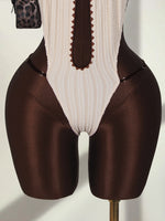 Sexy Beige Contrast One Piece Swimwear Women Deep V Neck Hollow Out Bakcless Thong Bikini Beach Bathing Suit Swimsuit 2026