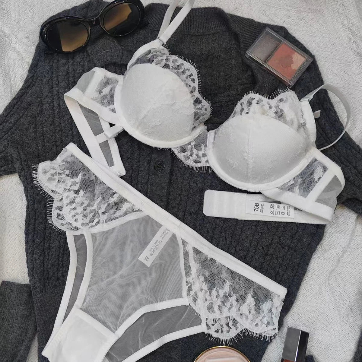 French Lace Ultra Thin Bra Set Women Sexy Mesh Breathable Lingerie Small Breasts 1/2 Cup Push Up Brassiere Comfort Underwear