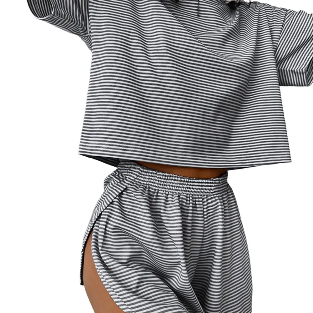 2 Pcs/Set Summer Sleepwear For Women Striped Printed Homewear Top Pants Suit Loose Short Sleeve T-shirt Elastic Waist Shorts