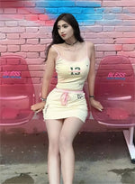 Hot Girl Two-piece Suit Printed Slimming Suspender Low Waist Drawstring Short Skirt Suit