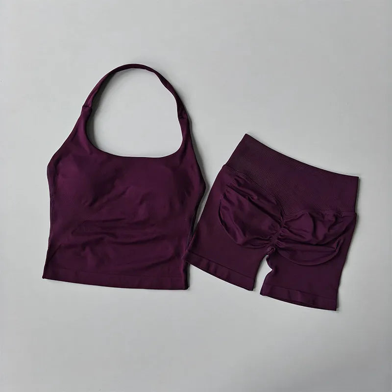 2PCS Seamless Halter Neck Yoga Set Push up Sports Bra And High Waist Butt Lift Fitness Shorts Tummy Control Fitness Wear
