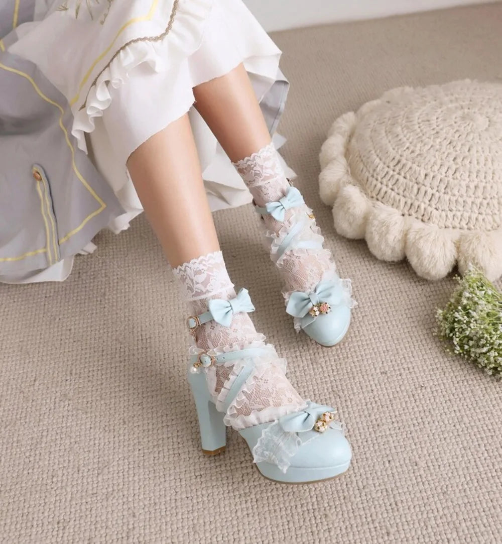 Girls Lace Strap Women 9cm High Heels Mary Jane Pumps Party Wedding Dress Princess Lolita Shoes Blue White Ankle Sandals 33-46