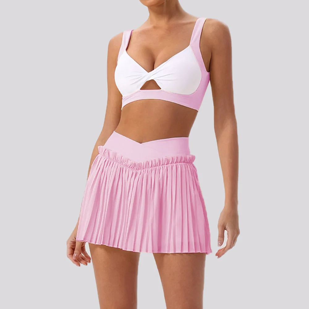 Tight Yoga Sets Women's Tracksuit Sexy Color Contrast Hollow Out Sports Bra High Waist Pleate Tennis Short Skirt Fitness Suits