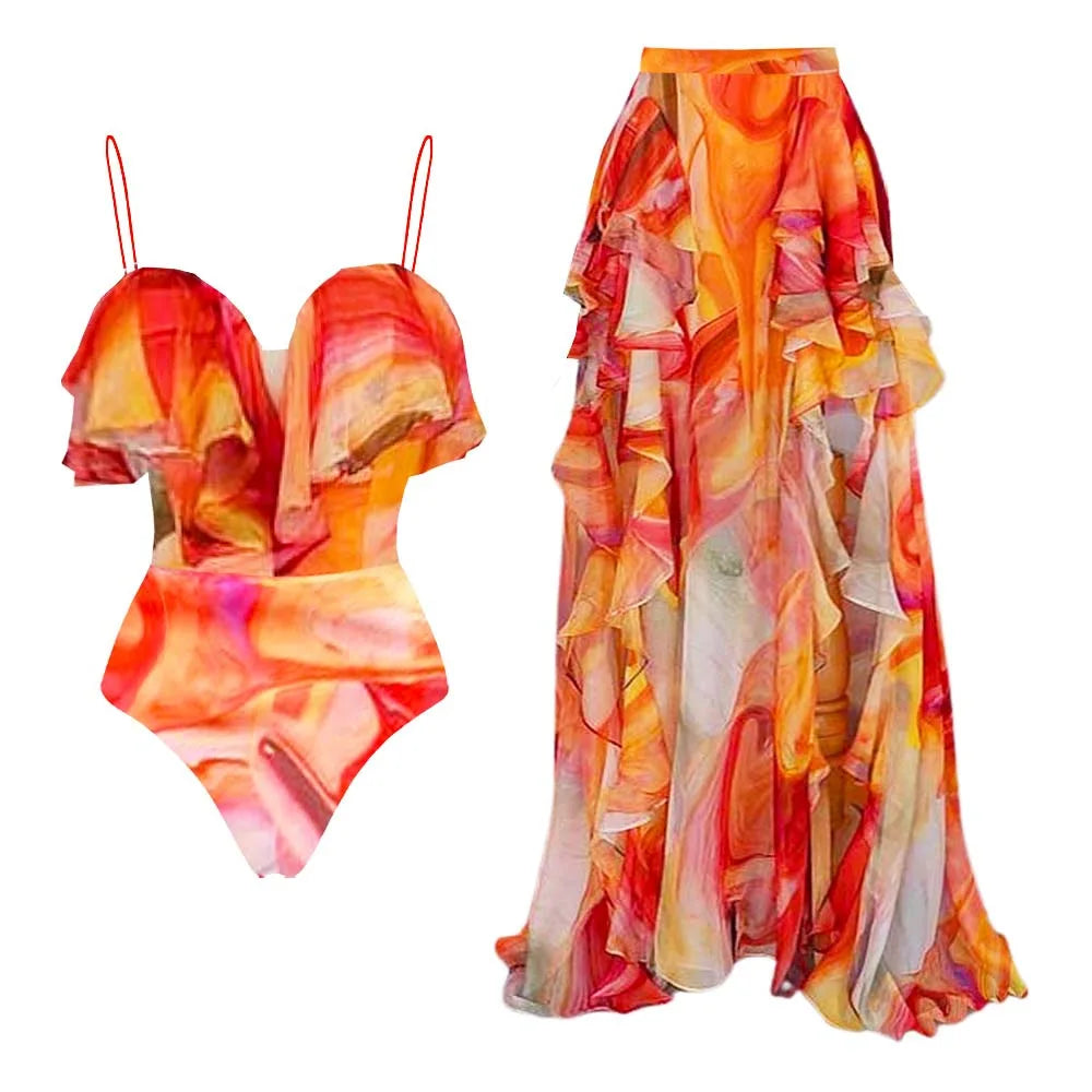 Vintage Orange Gradient Swimwear Women Ruffles Pleate Skirt Sets 2026 Bandeau Push Up Padded Slim Holiday One Piece Swimsuit