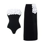 Vintage White Black Patchwork One Piece Swimsuit Long Skirt Set Women Sexy 3D Flower Bandeau Push Up Slim Holiday Swimwear 2025