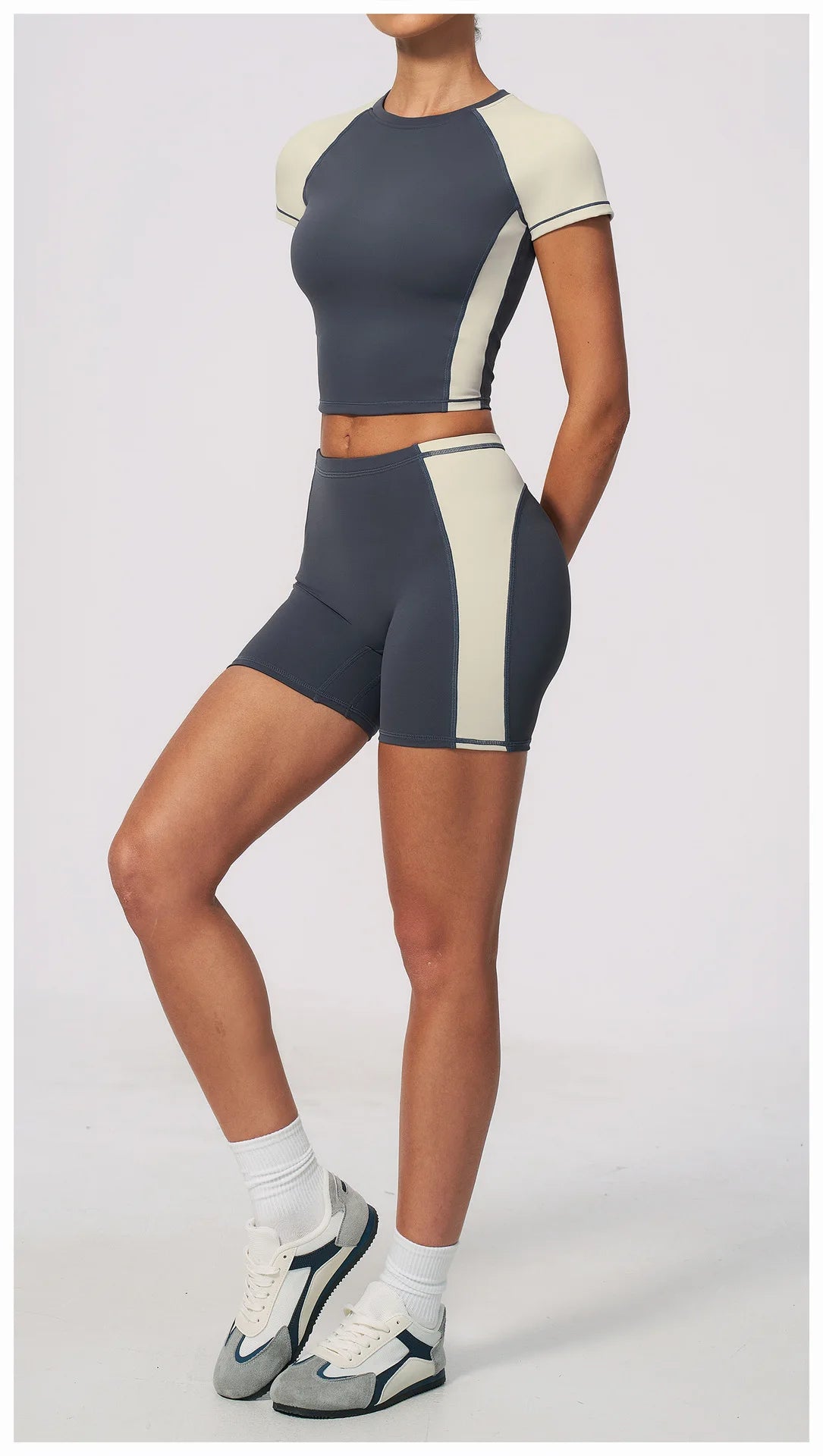 Summer New Yoga Sets Women Breathable Contrasting Color Short Sleeve Slim Sports T Shirts Training Running Shorts Fitness Suit