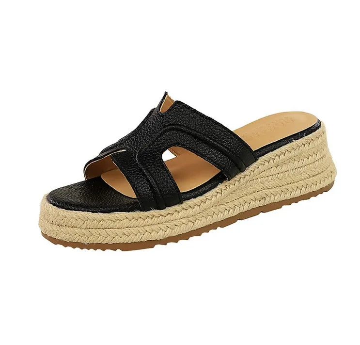 Spring 2025 Women's Slippers Hollow Out Strap Waterproof Thick Heel Woven Rope Country Style Slip-On Shoes Polyurethane Material
