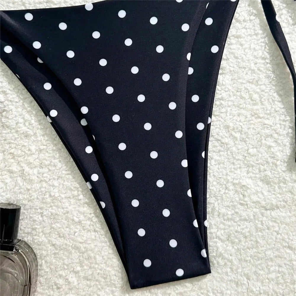 Sexy Black Dot Print Triangle Micro Bikini Thong Set Swimsuit Women 2026 String Halter Swimwear Heart Rhinestones Bikinis Mujer
