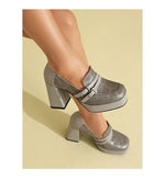 Square Toe Platform Double-Layer Buckle Shallow Sleeve Office Pumps Ultra-High Thick Heel Breathable High Heels