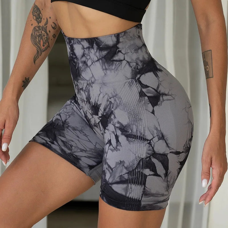 Tie Dye Yoga Shorts Marble Gym Shorts Women Push Up Sports Shorts Women Fitness Tights Breathable High Waist Booty Shorts