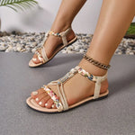 Women's fashionable round toe bohemian style one foot elastic band casual versatile flat sandals