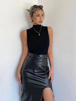 WOMENGAGA High Waist Slim Side Split PU Leather Skirt For Women Spring/Summer Irregular Split One Step Skirt Mid Length 761R