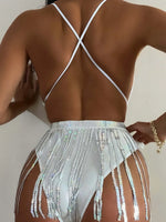New Shiny One Piece Swimsuit Sexy White Snakeskin Print Deep V Neck Swimwear Backless Bathing Suit Sequin Tassel Skirt Monokini