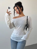 Women's Casual Solid Color Slope Collar Long Sleeved T-Shirt Loose Slouchy Style See-Through Off The Shoulder Top