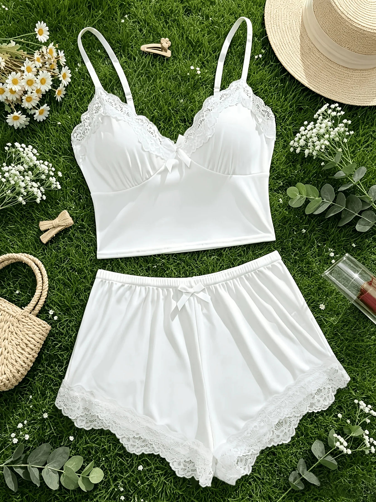 2pcs Floral Contrast Lace Pajama Set for Women Sleepwear V Neck Solid Color Bow Top & Shorts Home Clothes Loungewear