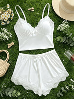 2pcs Floral Contrast Lace Pajama Set for Women Sleepwear V Neck Solid Color Bow Top & Shorts Home Clothes Loungewear