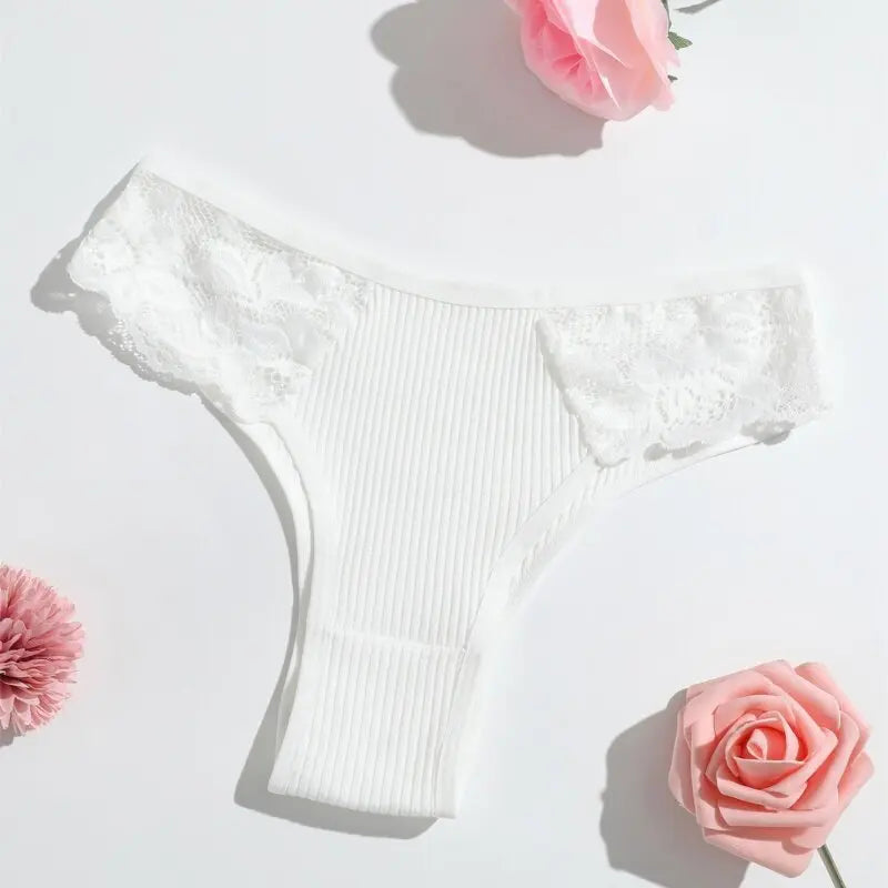 1 Pack Women's Lace Trim Ribbed Cotton Panties Breathable Low-Waist Briefs Sexy Side Lace Lingerie Skin-Friendly Underwear S-L
