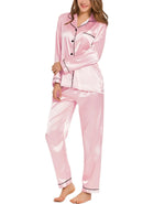 Womens Silk Satin Pajamas Loungewear Two-piece Sleepwear Button-Down Full Sleeve LongSet