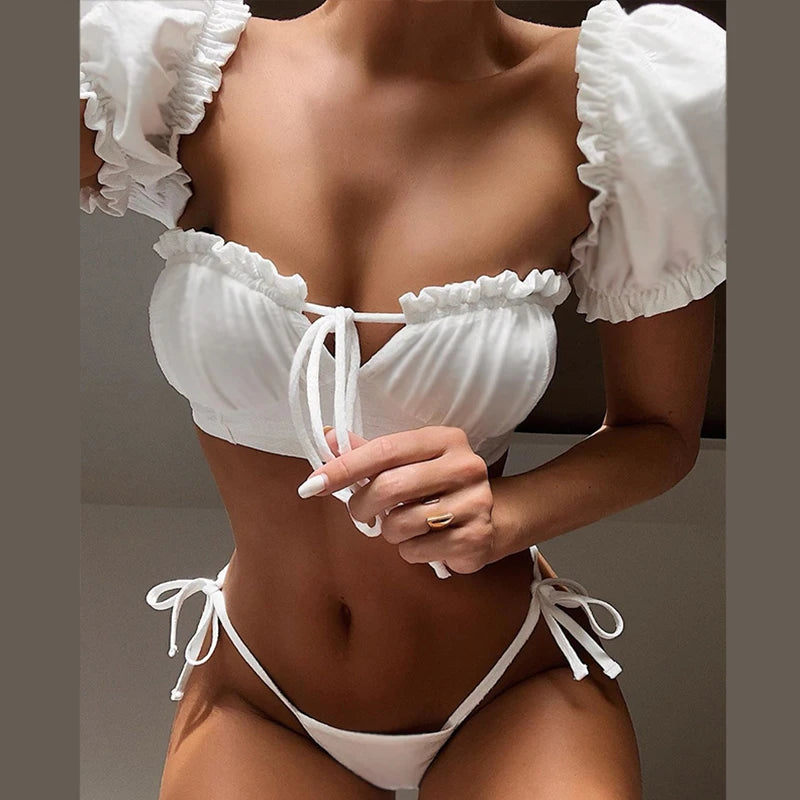 DEKA Brazilian Puff Sleeve Bikini Set Women Thong Swimsuit Printed High Waist Swimwear Bathing Suit Beachwear Push Up Bikini