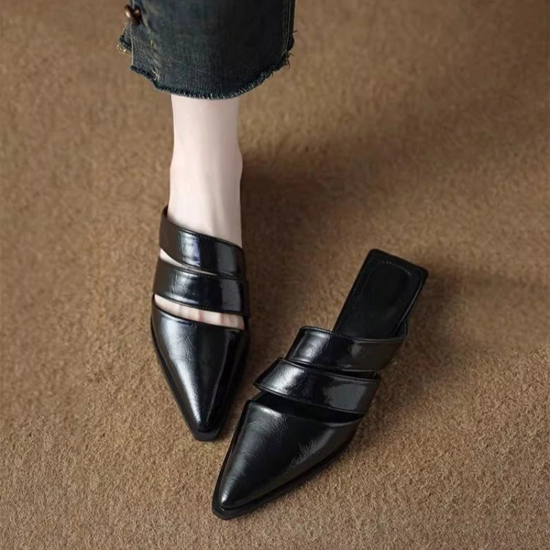 2026 New French Chunky Heel Pointed Toe Mule Slippers Women Fashion Spring Summer Retro Shoes Scuff Slippers
