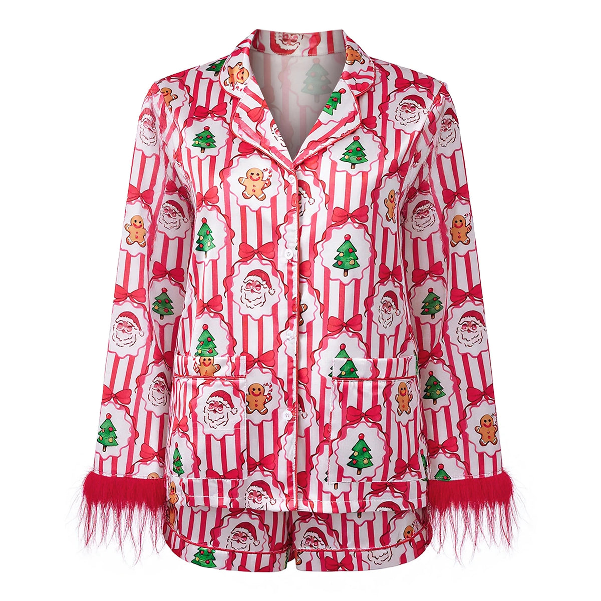 Women Satin 2025 Christmas Pajama Set Bow/Tree Print Long Sleeve Shirt with Shorts Two Pieces Sleepwear Loungewear