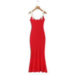 V Neck Spaghetti Strap Red Party Women's Dress Flower Decor Elegant Sleeveless Bodycon Maxi Vestidos 2025 Beach Casual Long Robe