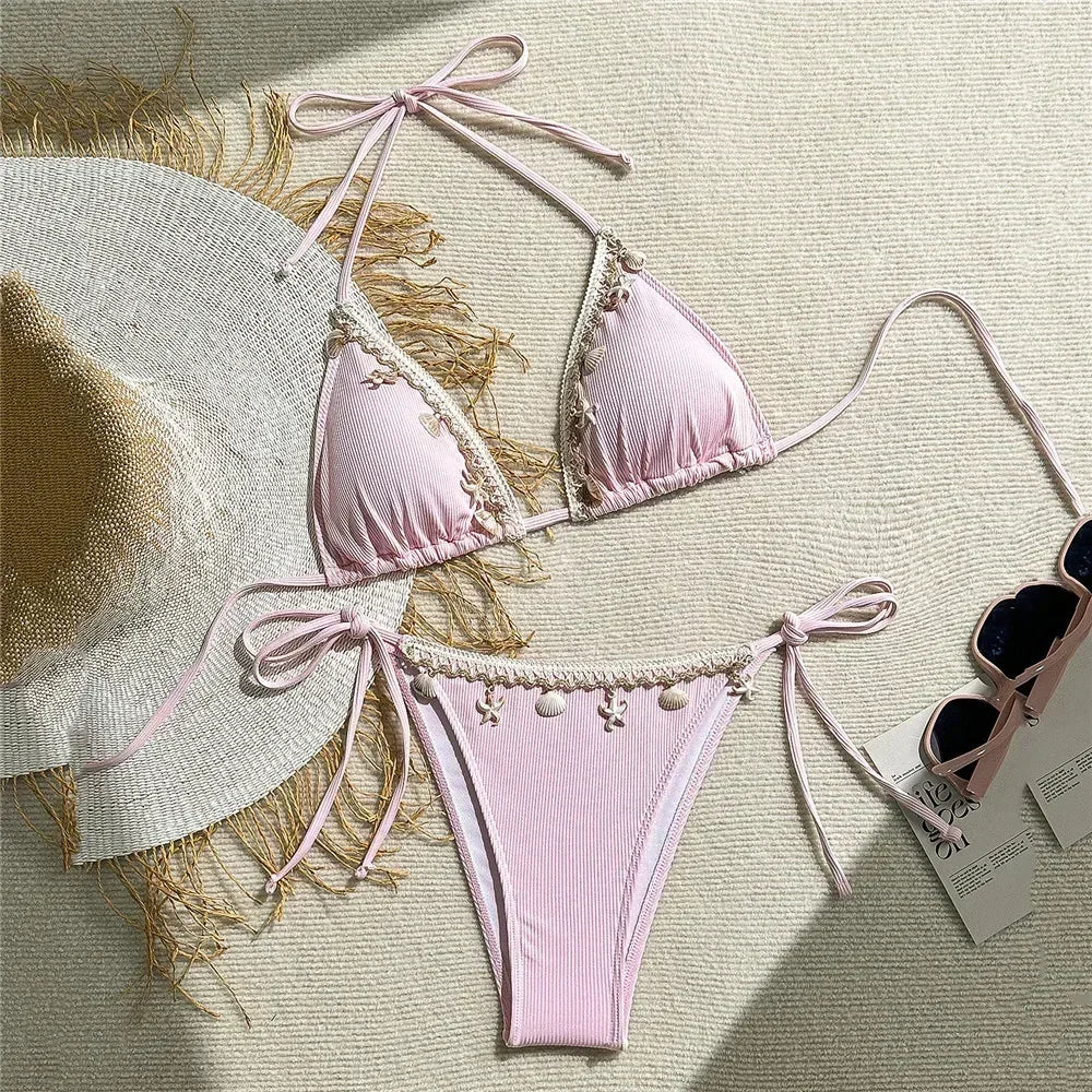 Shell Decoration Swimwear String Halter Bikinis Sets Micro Thong Sexy Swimsuit Women 2026 Bathing Suit Purple Triangle Bikini